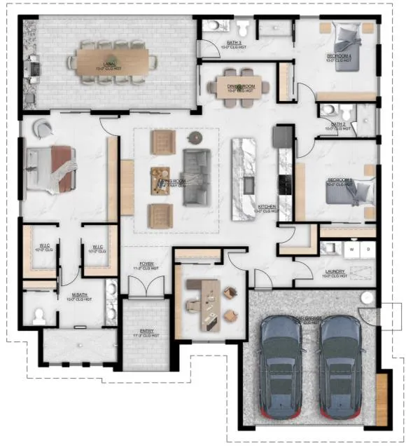 Plano amueblado del modelo Europa: 4 dormitorios más den, piscina y garage de 2 autos
