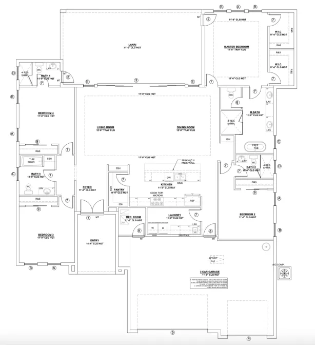 Plano arquitectónico del modelo Havana: 4 dormitorios, 4 baños, piscina y garage de 3 autos