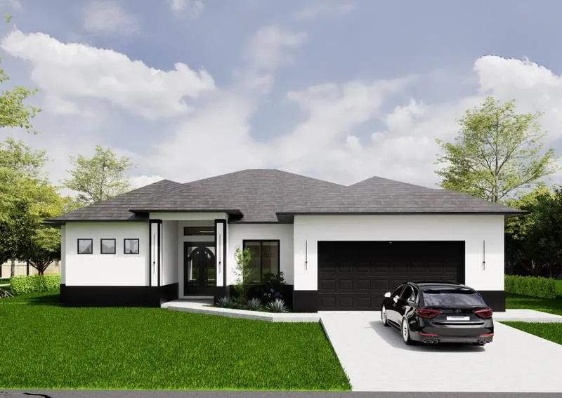 Render del modelo Europa: casa contemporánea en blanco y negro